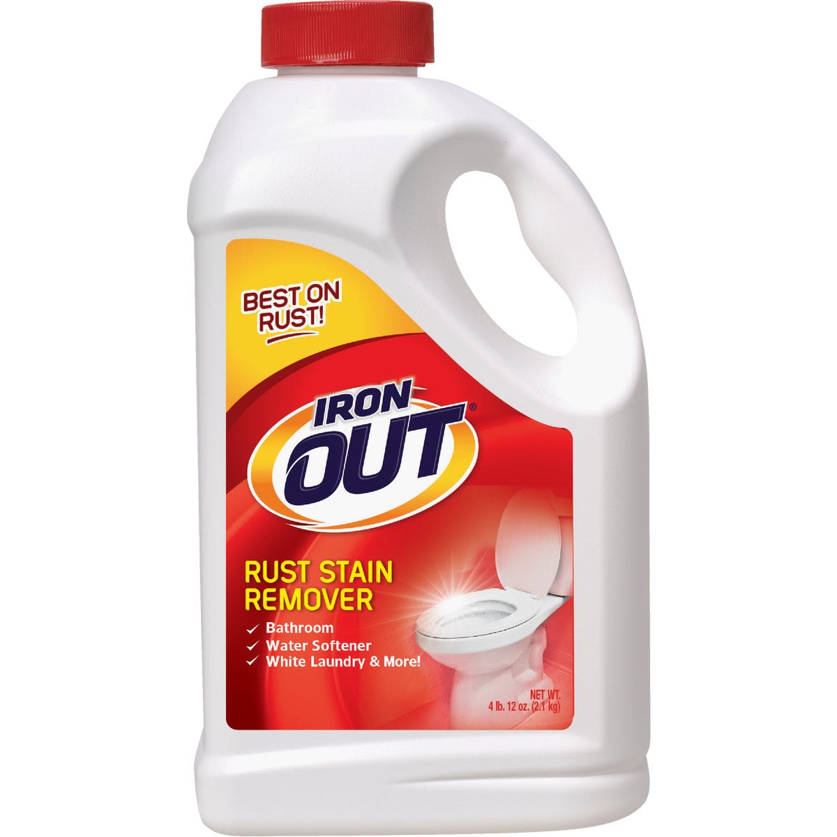 White plastic jug with red cap containing rust stain remover for bathroom and laundry cleaning applications