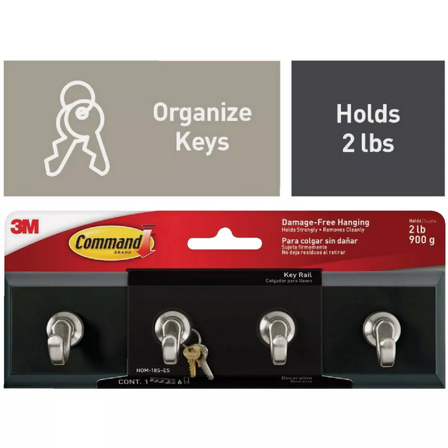 Slate-finished adhesive key rail with four metal hooks for organizing keys and accessories, part of hardware and fasteners under $50