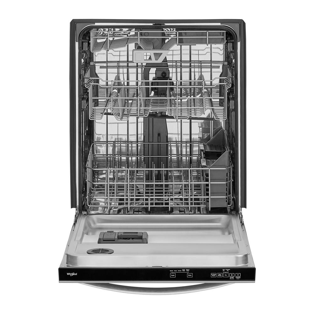 Open stainless steel dishwasher showing multiple adjustable racks and water repellent silverware basket inside