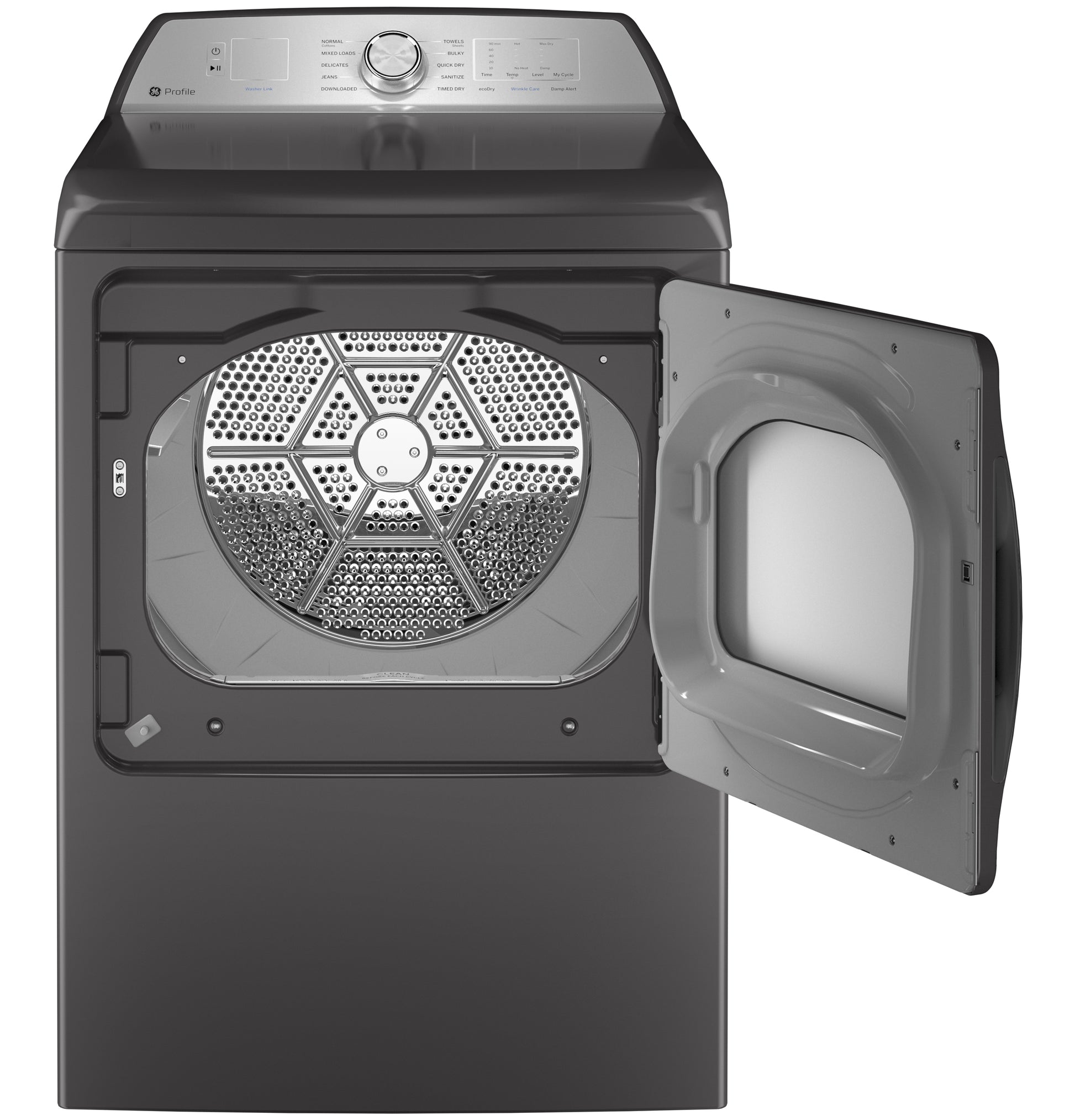 Dark gray electric dryer from Appliances with aluminized alloy drum and open door showing interior drum design from Dryers collection