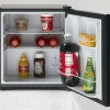 compact black refrigerator with open door showing organized shelves and beverage storage for kitchen appliances and home improvement