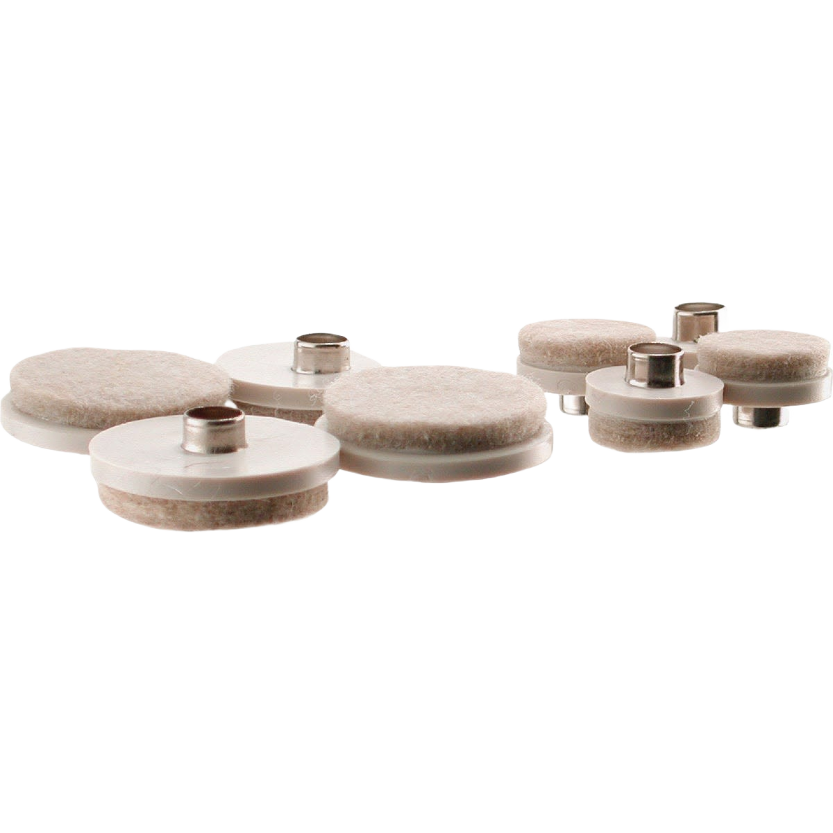 Assorted round almond-colored nylon furniture glide pads with felt bases for surface protection in home improvement projects