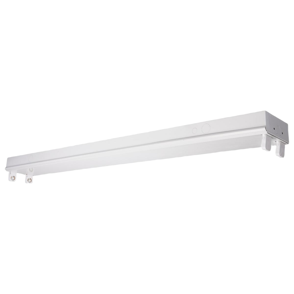 White dual T8 lamp fixture with mounting brackets for basement or garage lighting in electrical collections under $100