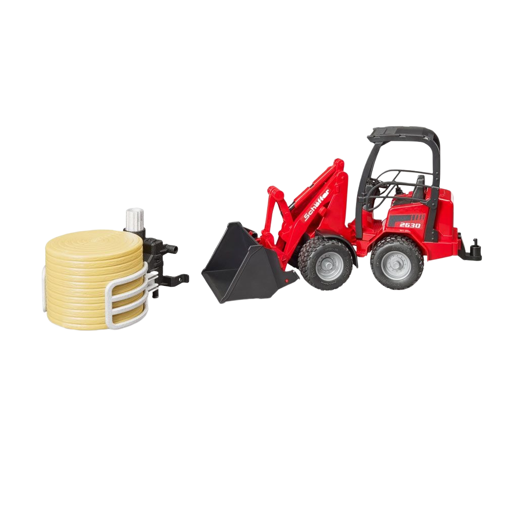 Red compact loader toy with bale gripper attachment holding a round bale for tools and home improvement play