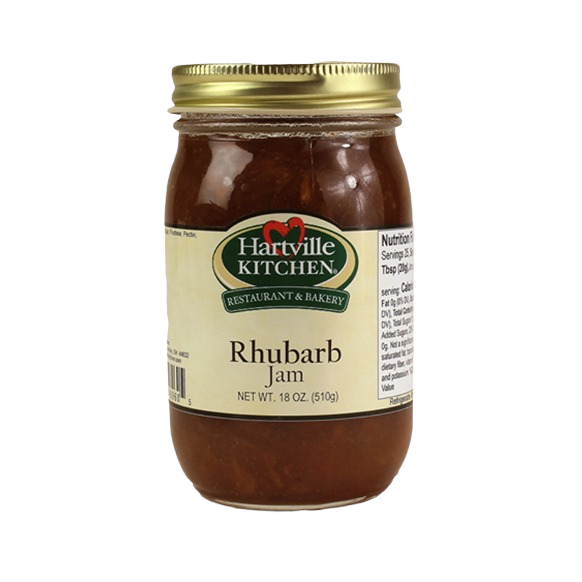 Jar of Hartville Kitchen rhubarb jam with gold lid in food and beverage jams and jellies collection