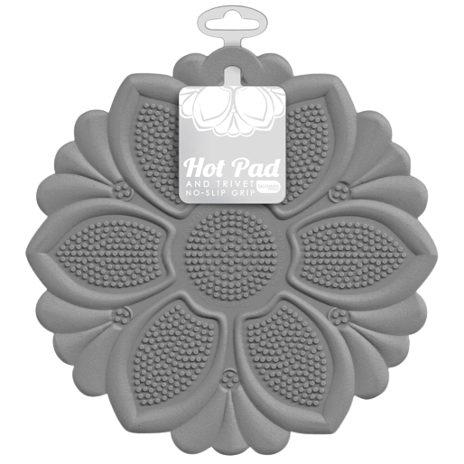 Gray silicon flower-shaped trivet with textured no-slip surface for protecting countertops in kitchenware collections
