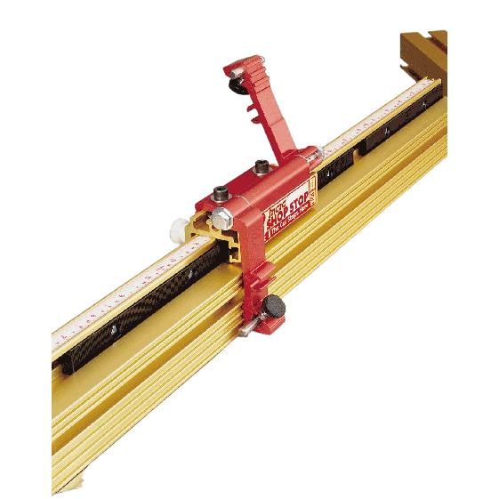 Red and gold adjustable shop stop with multiple rods for woodworking measuring tools in hand and woodworking tool collections
