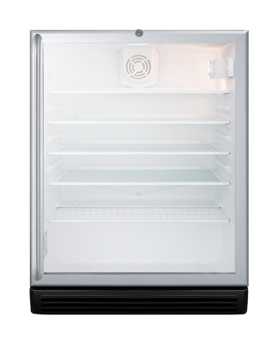 Built-in beverage cooler with glass door, multiple adjustable shelves, and internal fan in appliance and beverage center collection