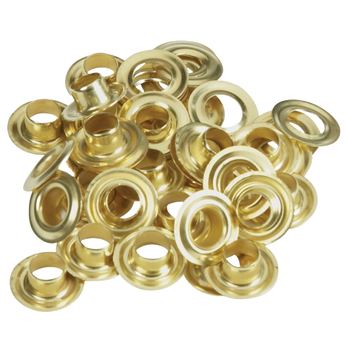 Assorted shiny brass grommet refills with smooth edges for durable home improvement and crafting projects