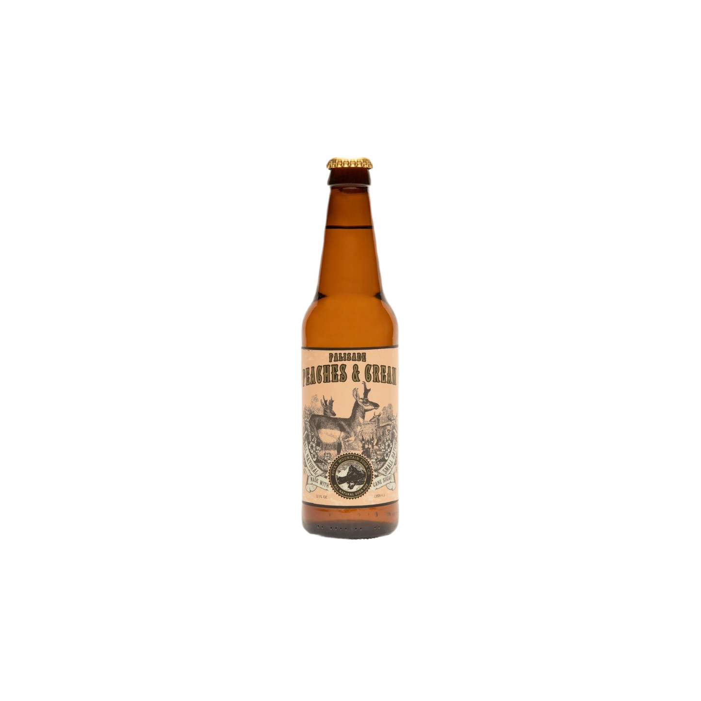 Amber glass soda bottle with vintage-style label featuring deer and scenic mountain design