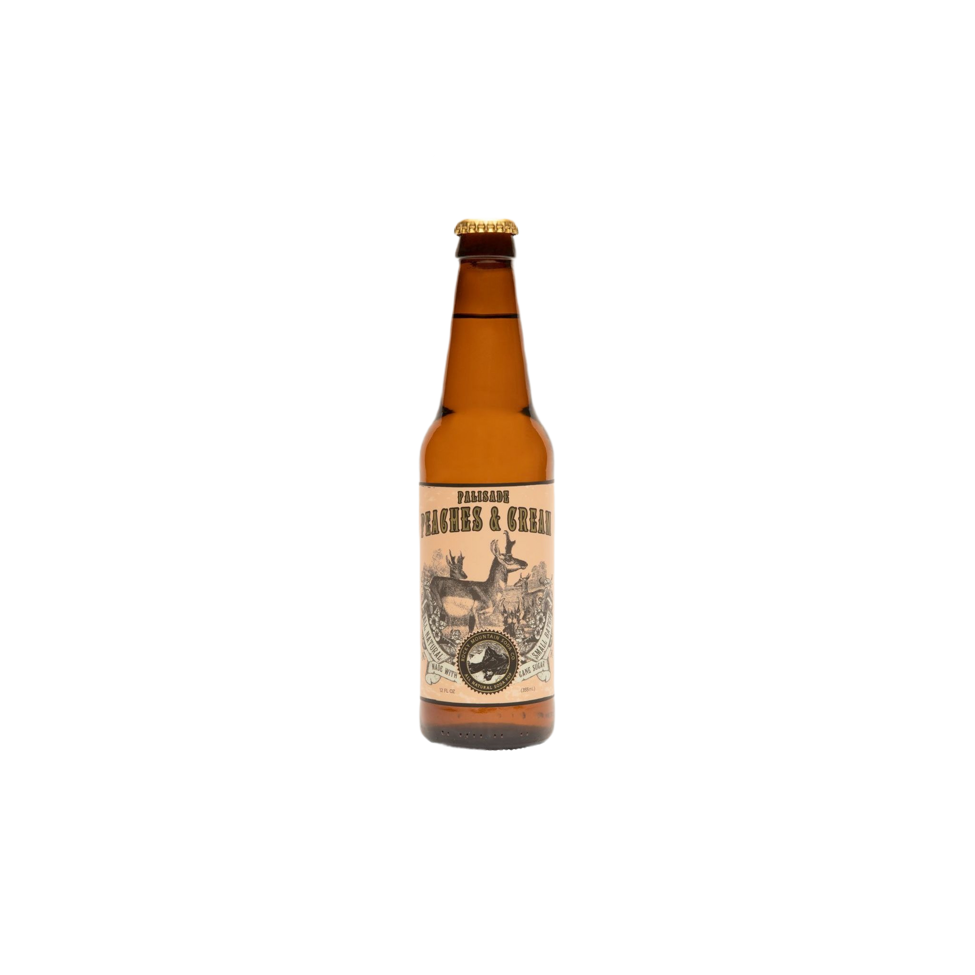 Amber glass soda bottle with vintage-style label featuring deer and scenic mountain design