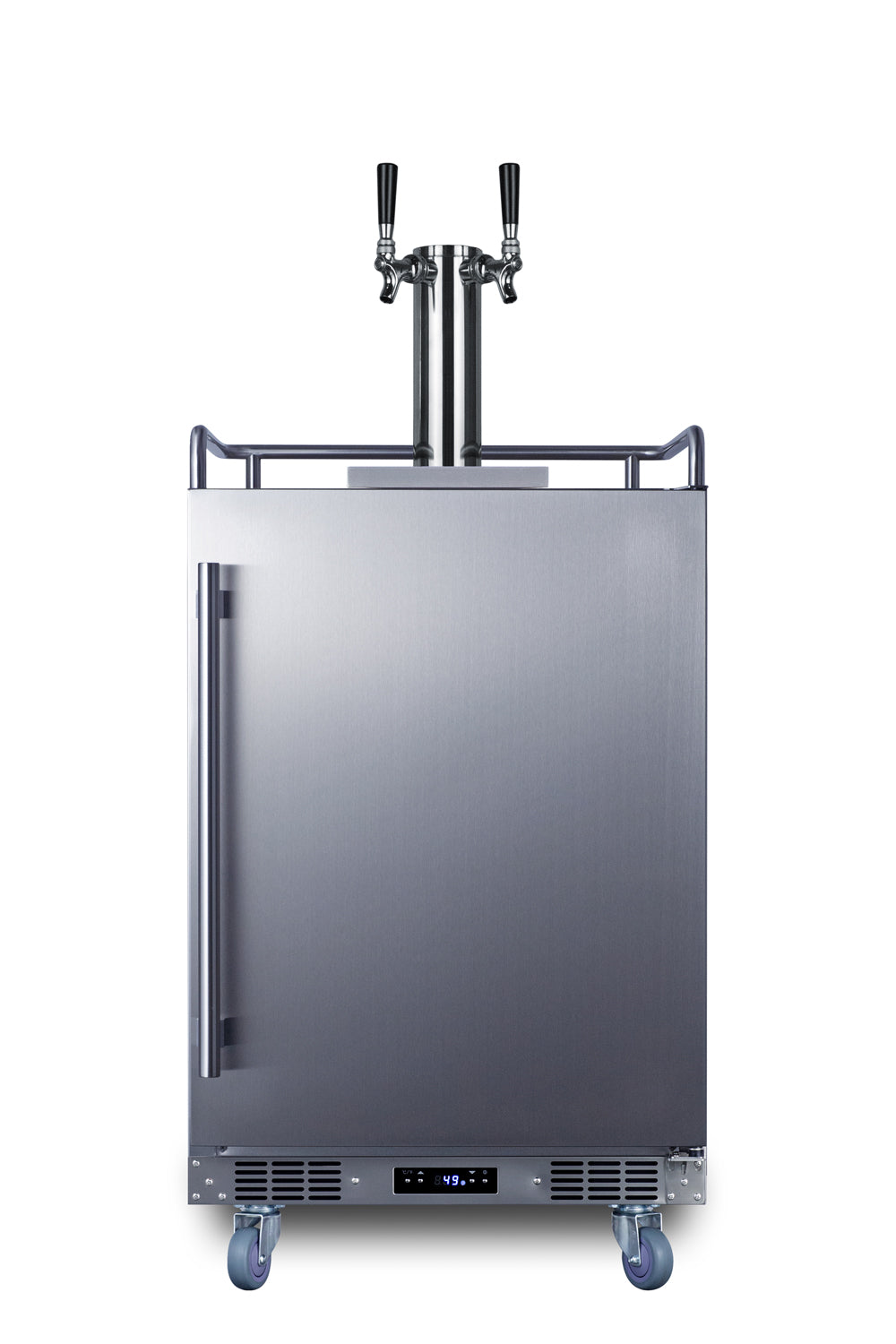 Stainless steel built-in wine kegerator with dual taps and caster wheels for kitchen and appliance collections