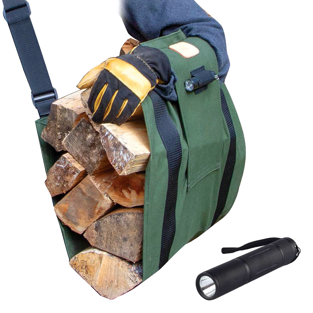 Green fabric firewood carrier sling with black straps holding split logs, paired with a compact black flashlight nearby