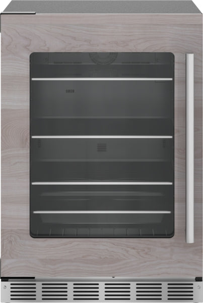 Under-counter panel-ready refrigerator with glass door, left hinge, stainless steel handle, and adjustable shelves in Appliances collection