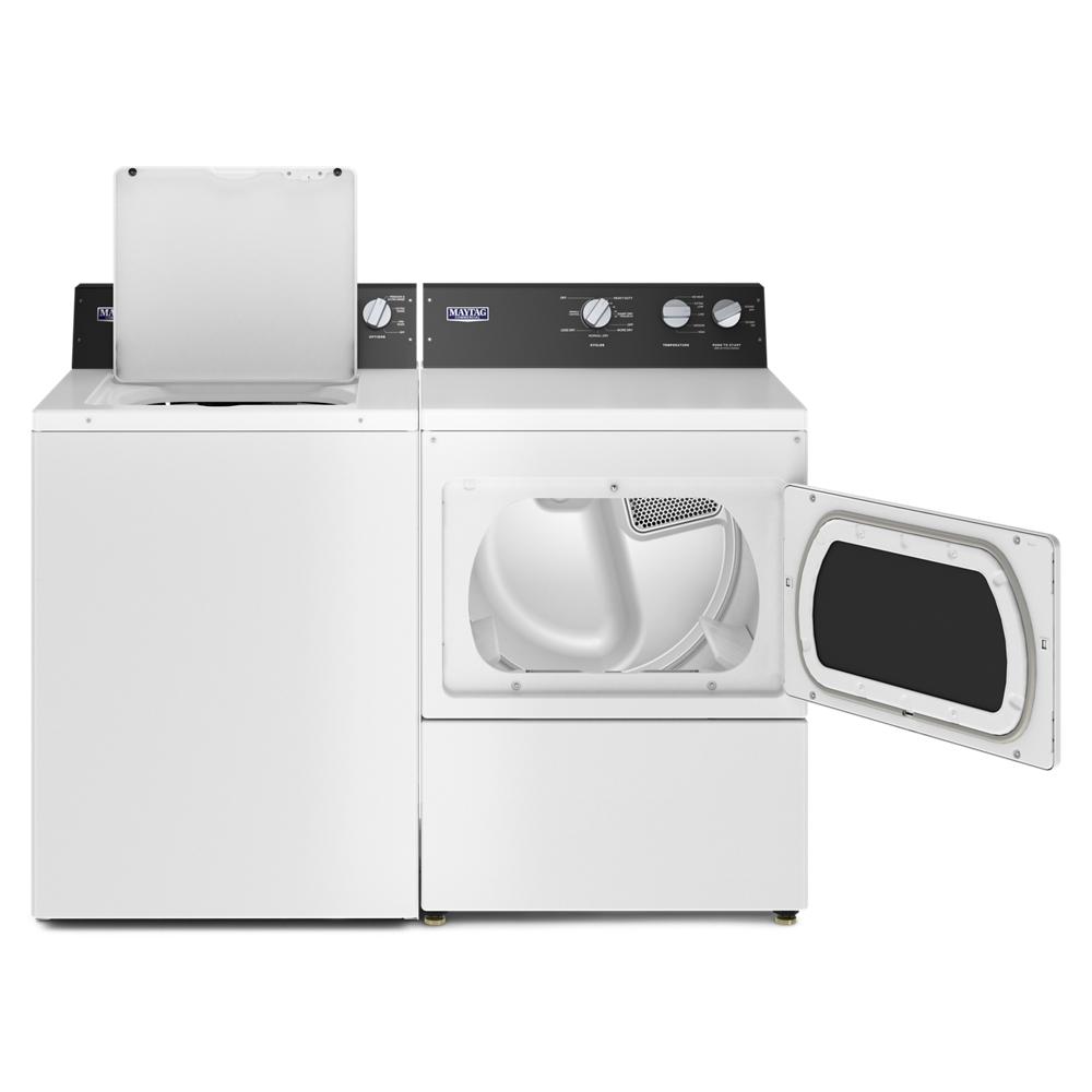 Commercial-grade washer and electric dryer set with open dryer door showcasing drum for dryers collection