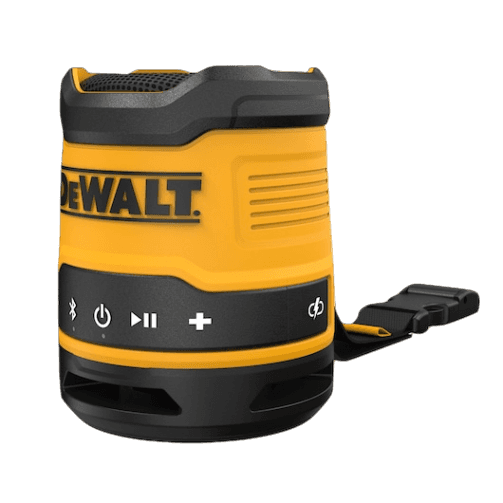 Compact yellow and black rechargeable Bluetooth speaker with control buttons and clip for tools and home improvement use