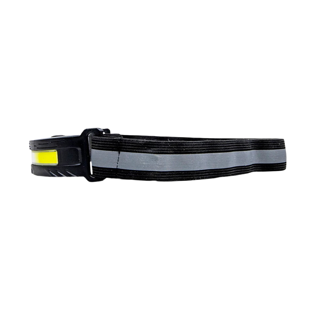 Rechargeable headlamp with bright yellow LED panel and reflective adjustable strap for hands-free home improvement tasks
