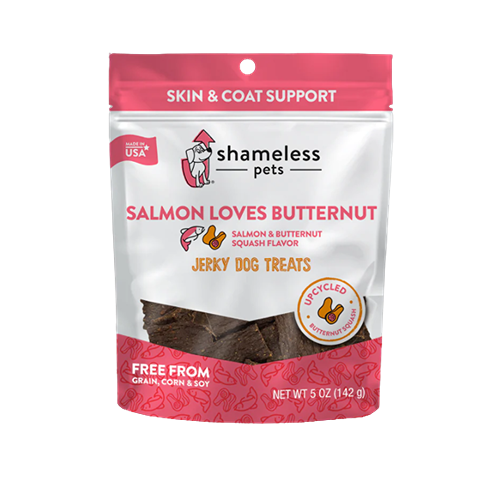 Resealable pouch of salmon and butternut squash flavored jerky dog treats supporting skin and coat health