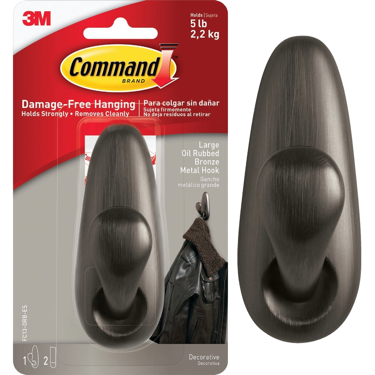 Large oil rubbed bronze adhesive hook from 3M Command for damage-free hanging and organization in home improvement.