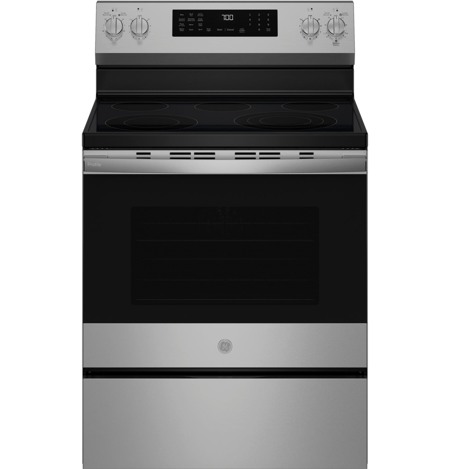Stainless steel smart electric convection range with smooth cooktop and digital control panel in ranges collection