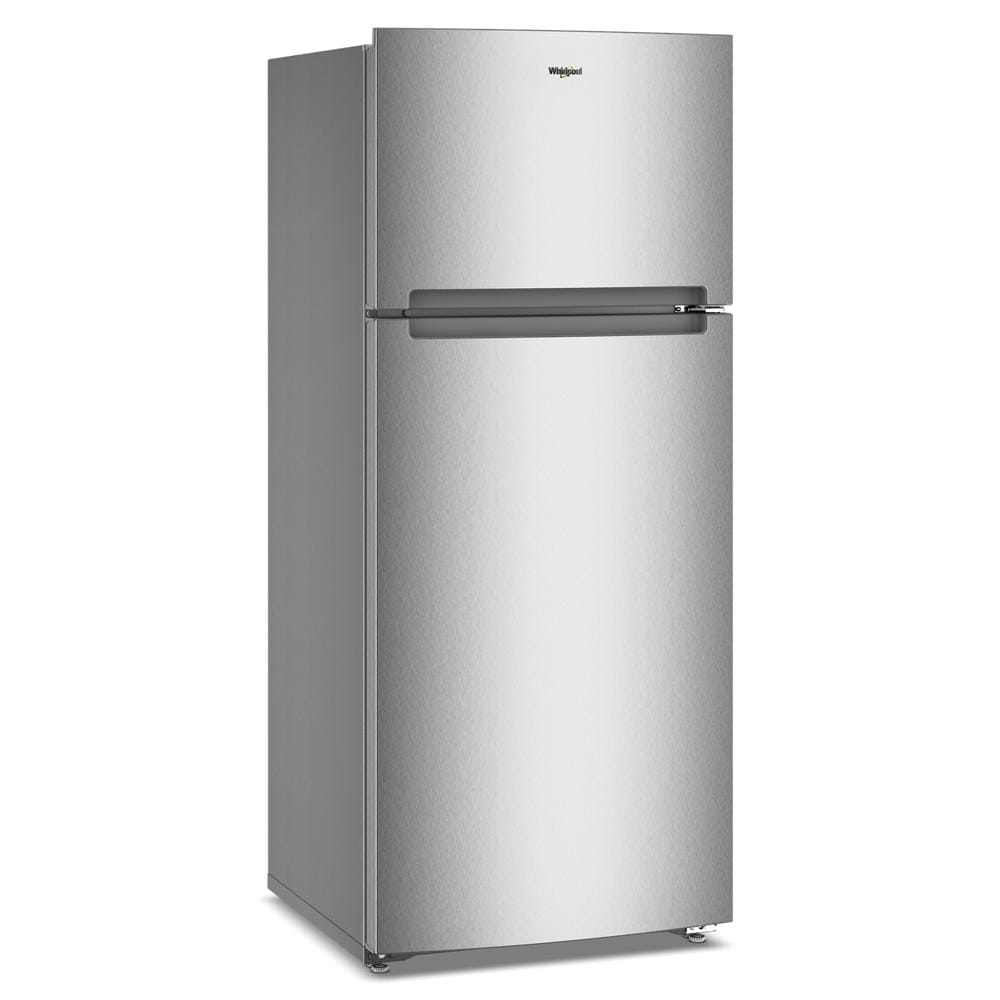 Stainless steel Whirlpool top freezer refrigerator with sleek handle design, part of Refrigerators, Top Freezer Refrigerators, Kitchen & Kitchenware, Appliances at Hartville Hardware.