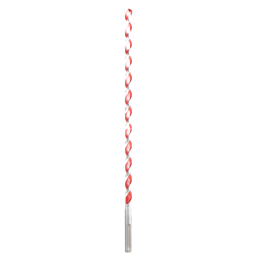 Carbide-tipped drill bit with red spiral flute, designed for concrete drilling in power tool accessories and home improvement collections