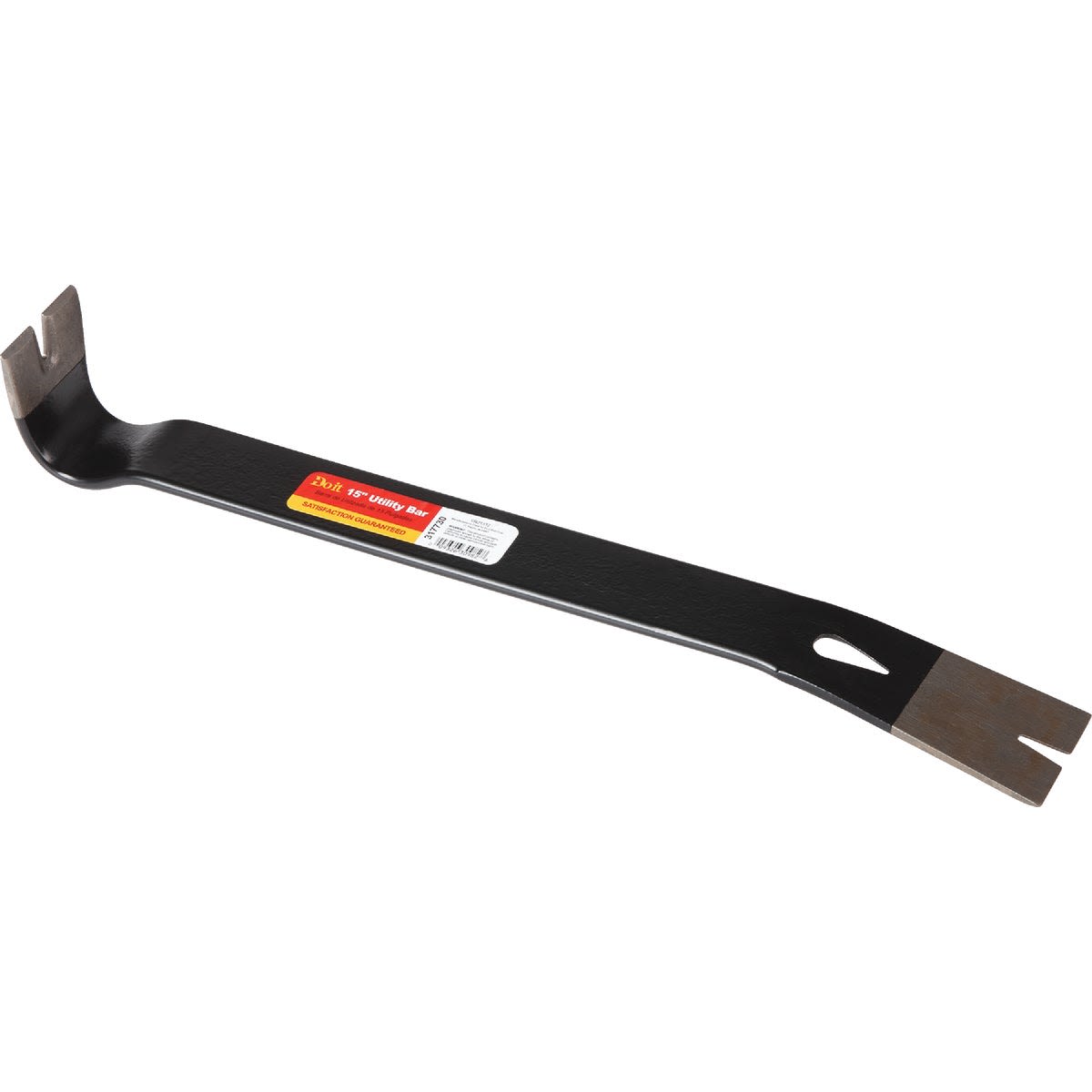 Black metal pry bar with angled ends and a hole near one tip for leverage in home improvement projects