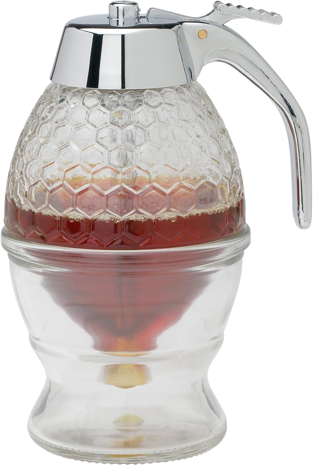 Glass honeycomb-patterned syrup dispenser with chrome lid and lever handle for kitchenware and food storage under $50 collection