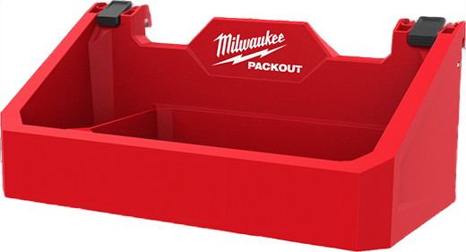 Red Milwaukee PACKOUT tool box tray attachment with black locking clips for organized storage in home improvement projects