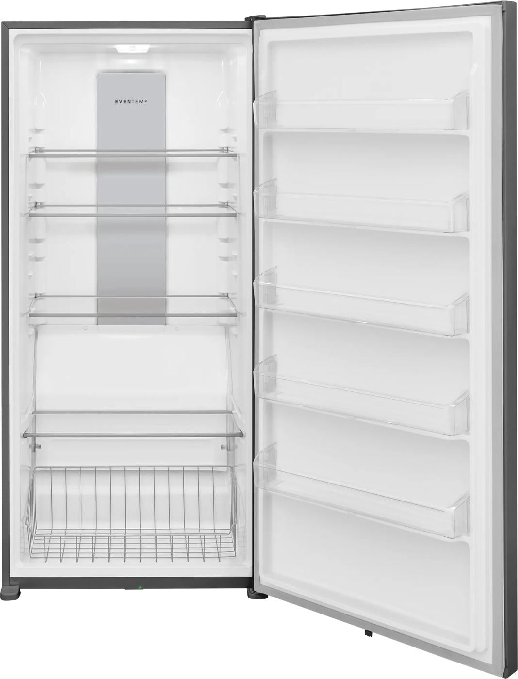 Interior view of an open upright freezer with multiple wire shelves and door storage compartments from Freezers & Ice Makers collection