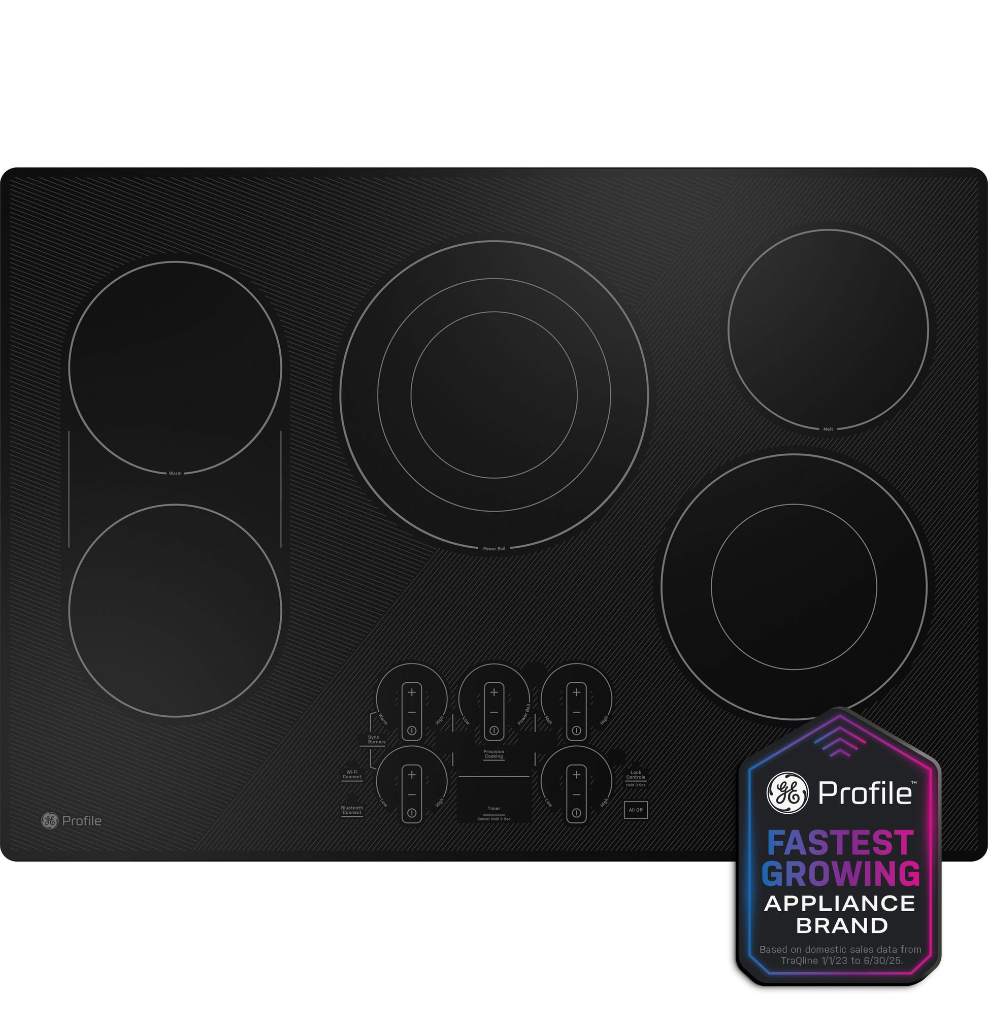 Black built-in electric cooktop with five heating elements and touch controls from electric cooktops collection