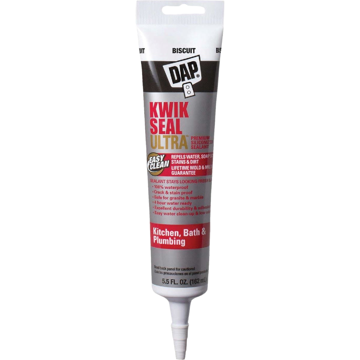 Tube of DAP Kwik Seal Ultra silicone sealant for kitchen, bath, and plumbing projects in home improvement.