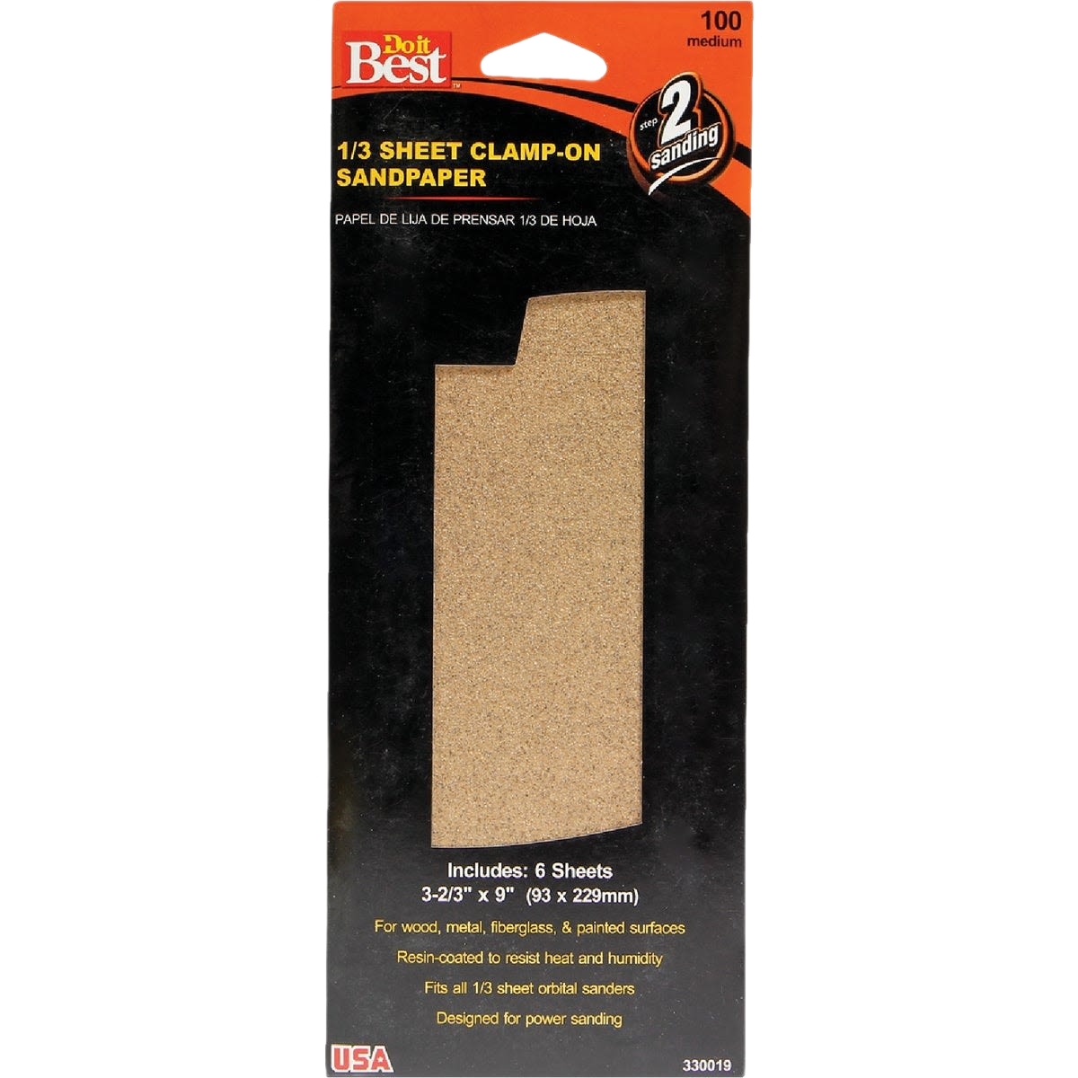 Package of six 1/3 sheet 100-grit medium clamp-on sandpaper sheets for sanding wood, metal, fiberglass, and painted surfaces