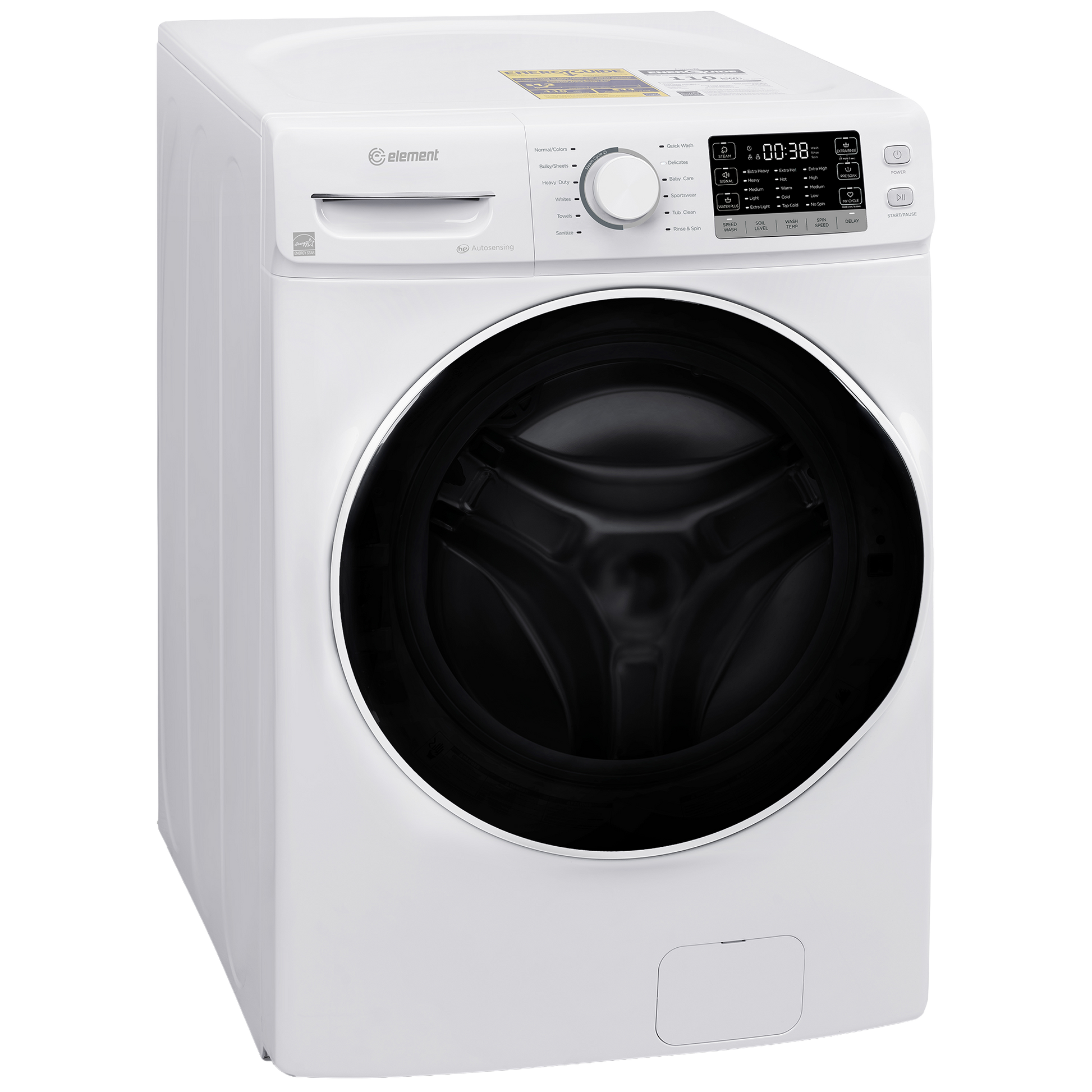 White front-load washer with digital display and control dial, part of washers and dryers appliance collection