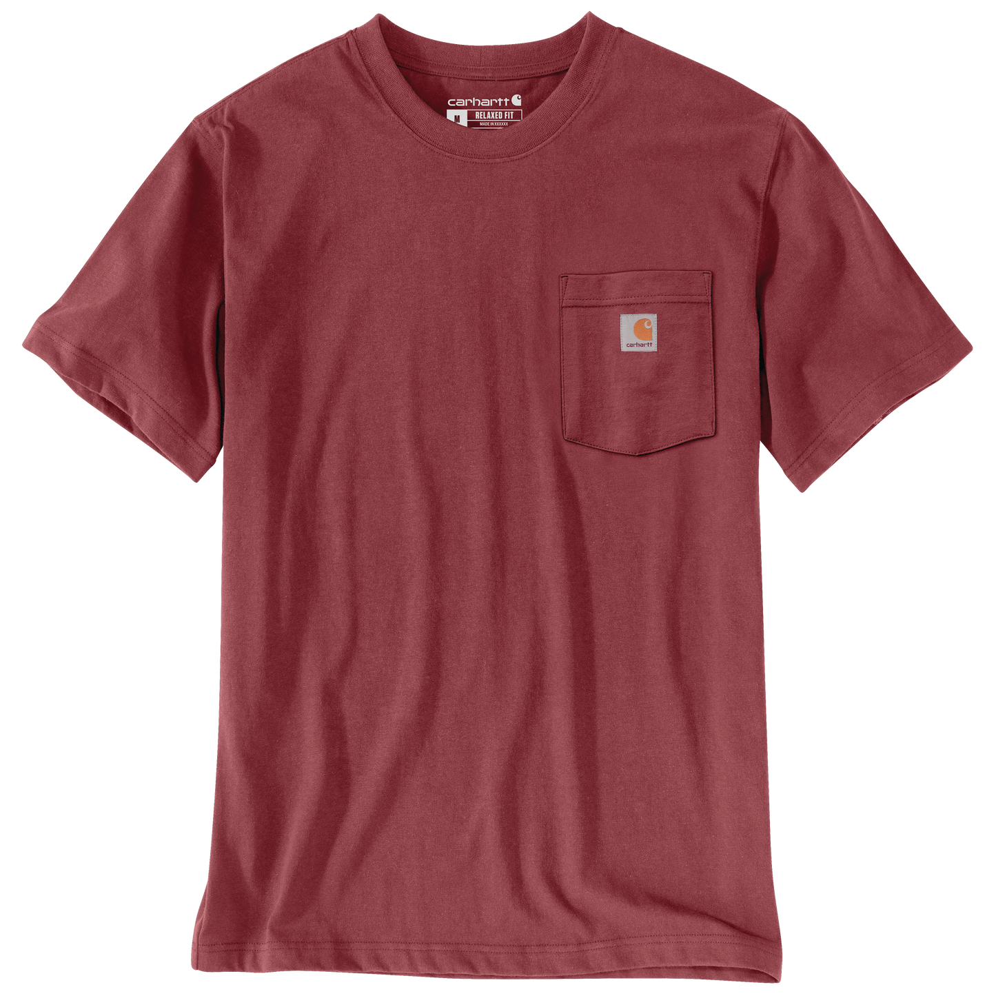 Men's relaxed fit maroon t-shirt with chest pocket and rib-knit crewneck, part of Carhartt clothing collection.