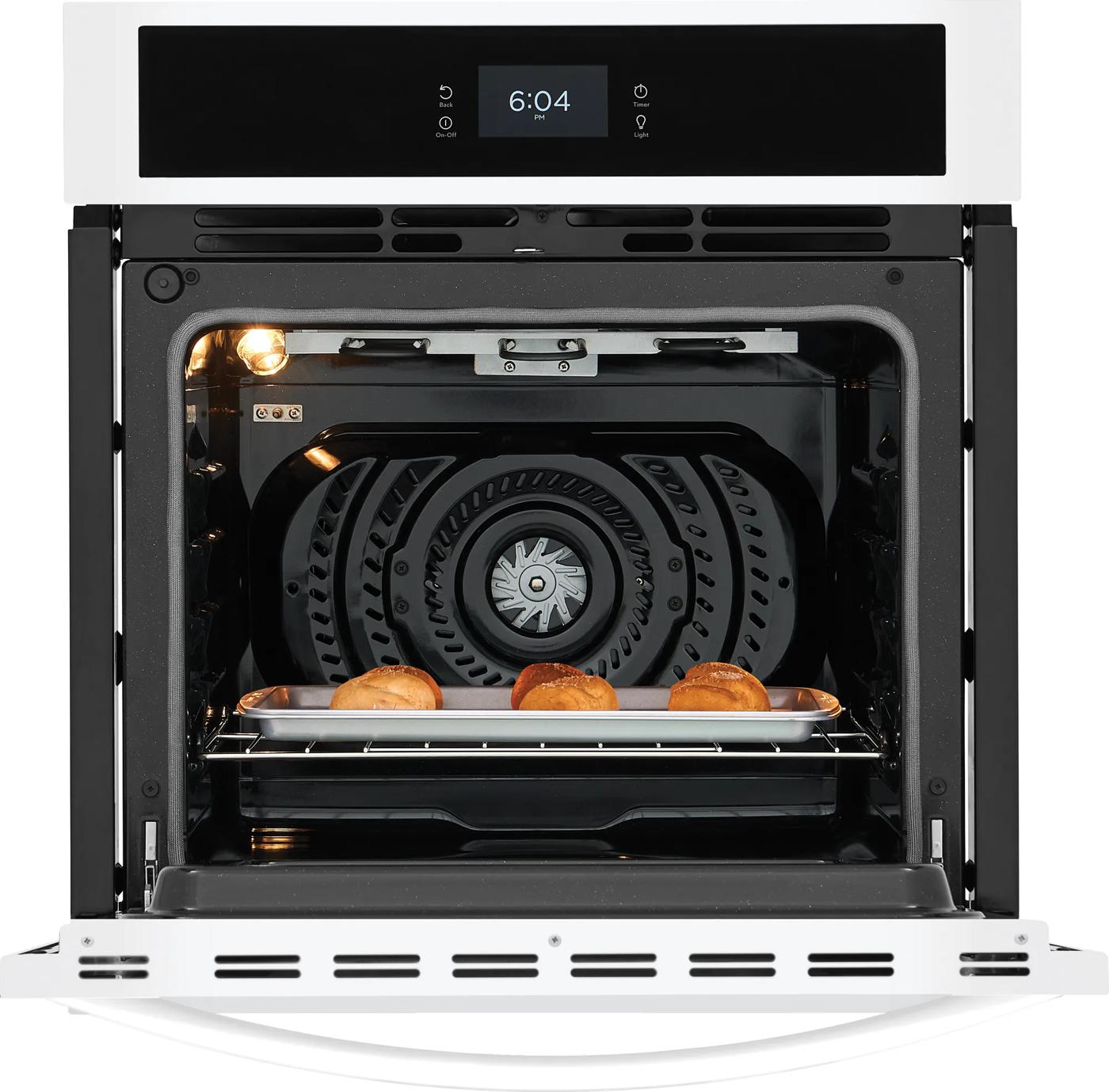 Open 27-inch white electric wall oven with fan convection and digital touch display in kitchen appliances collection