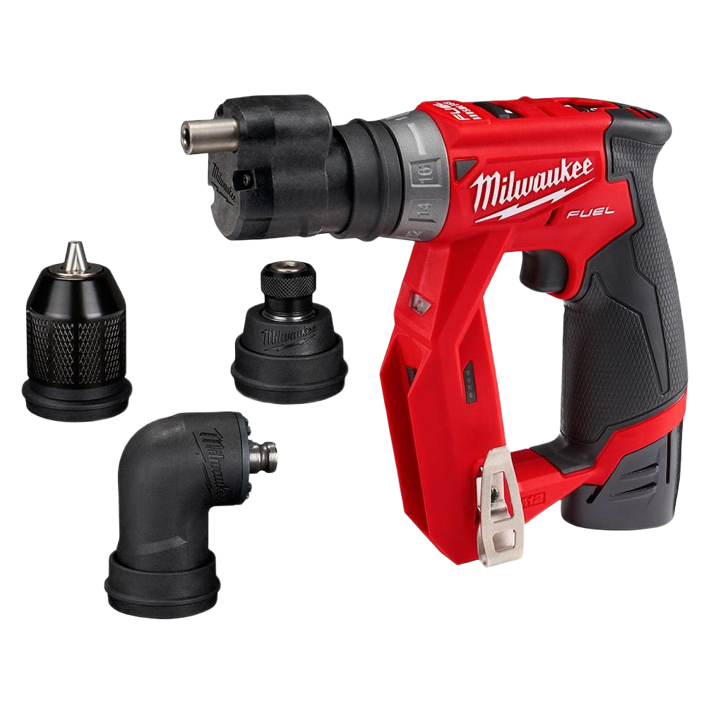 Red and black cordless drill driver with three interchangeable angle attachments for versatile home improvement tasks