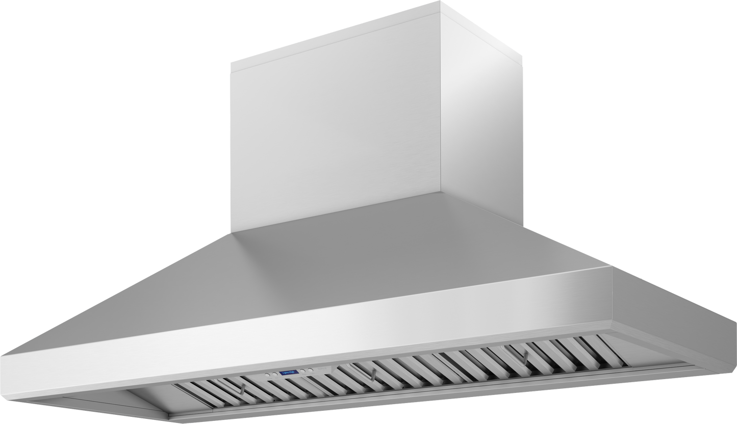 Large stainless steel wall-mounted chimney hood with 750 CFM blower for kitchen appliances and home improvement