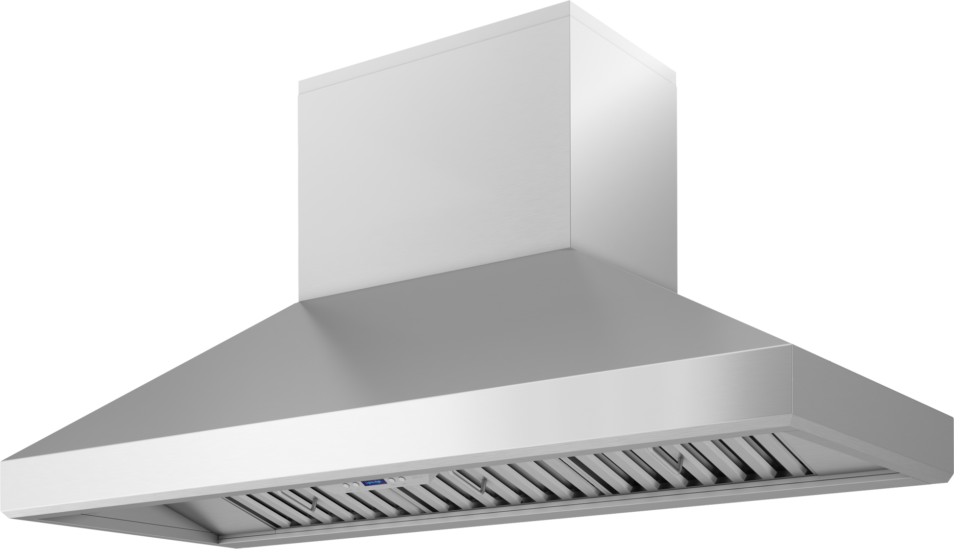 Large stainless steel wall-mounted chimney hood with 750 CFM blower for kitchen appliances and home improvement