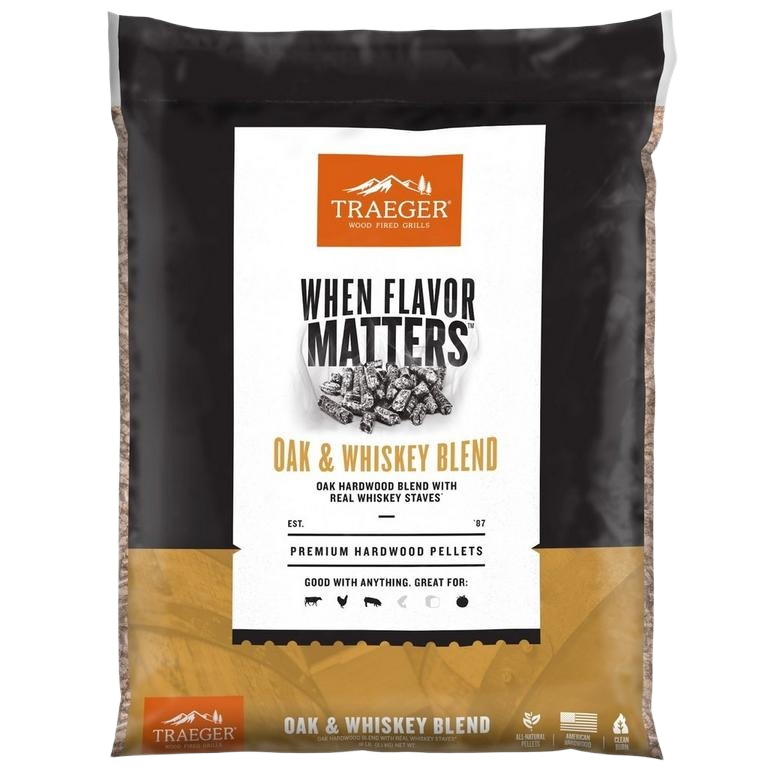 Bag of Traeger pellets blending oak hardwood and whiskey staves for grilling in outdoor living and lawn & garden collections
