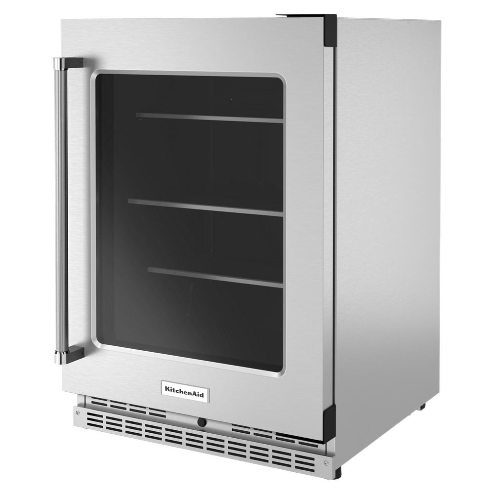 24-inch undercounter refrigerator with glass door, adjustable shelves, and metallic accents in KitchenAid collection