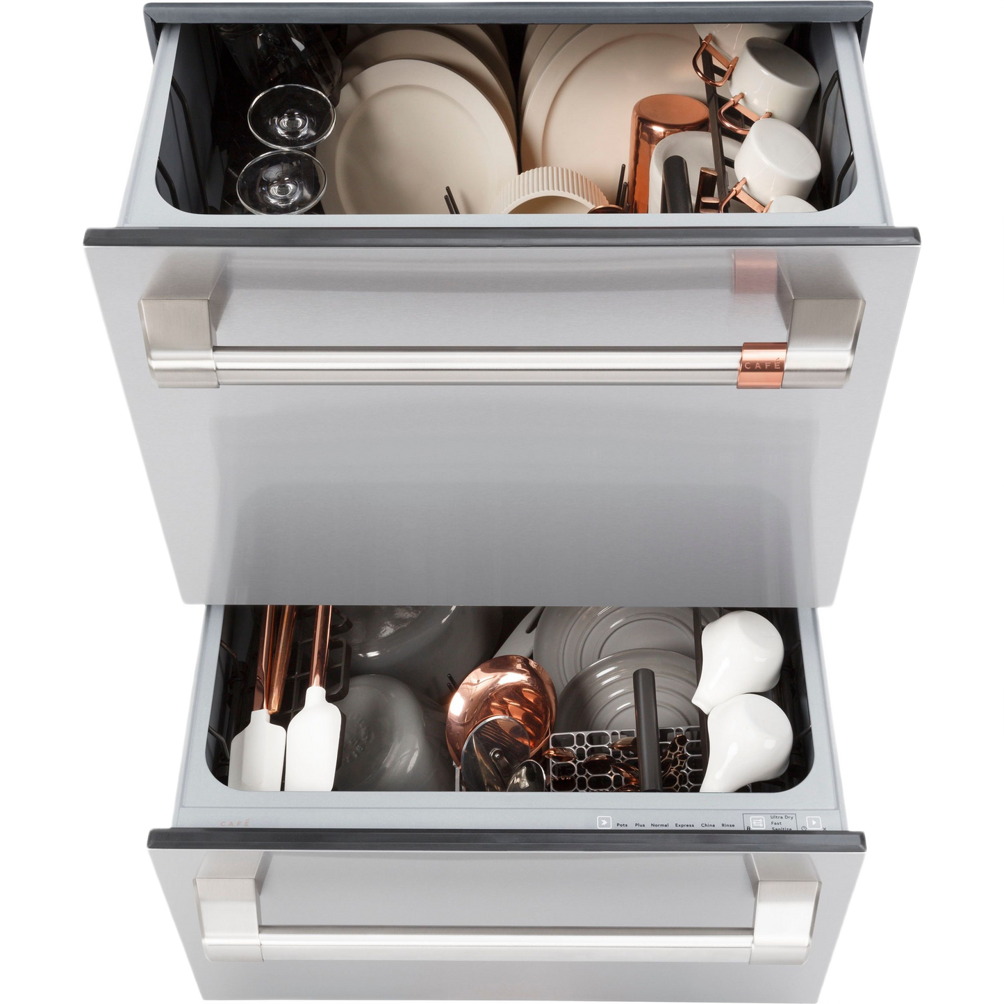 Open stainless steel dishwasher double drawer loaded with plates, glassware, and copper kitchen utensils from Appliances collection
