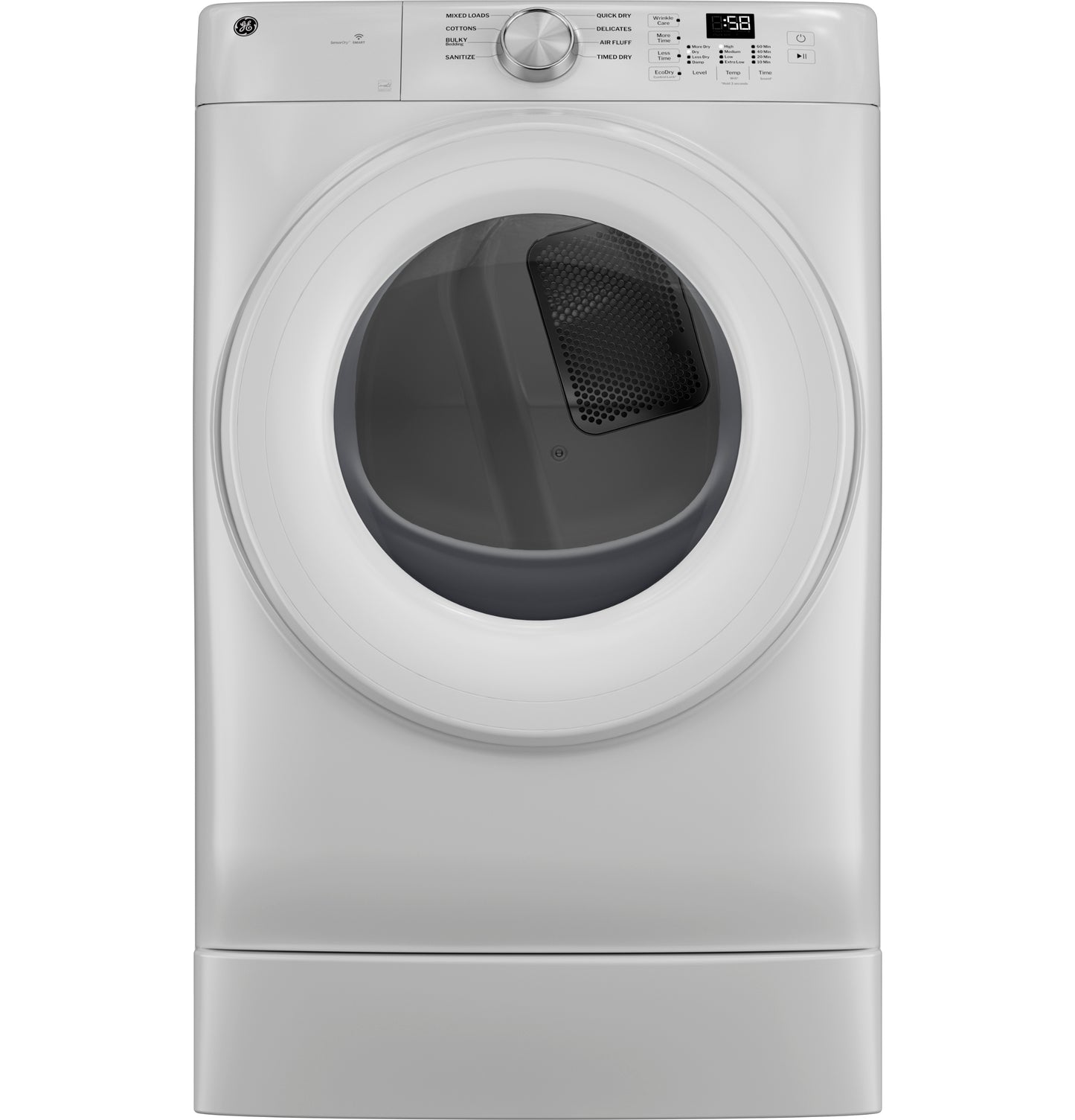 White smart front load gas dryer with circular window door and digital control knob in Dryers and Appliances collection