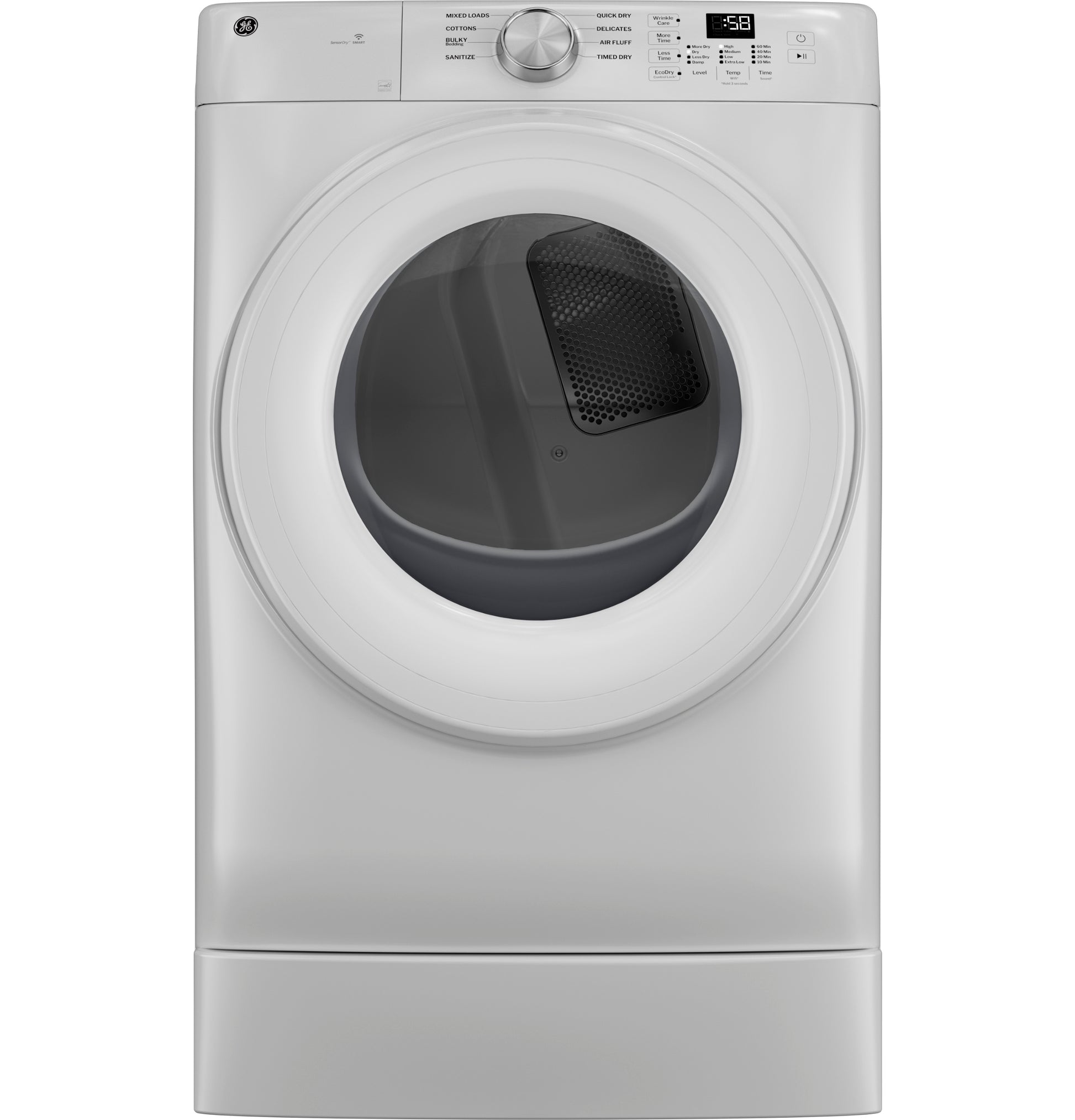 White smart front load gas dryer with circular window door and digital control knob in Dryers and Appliances collection
