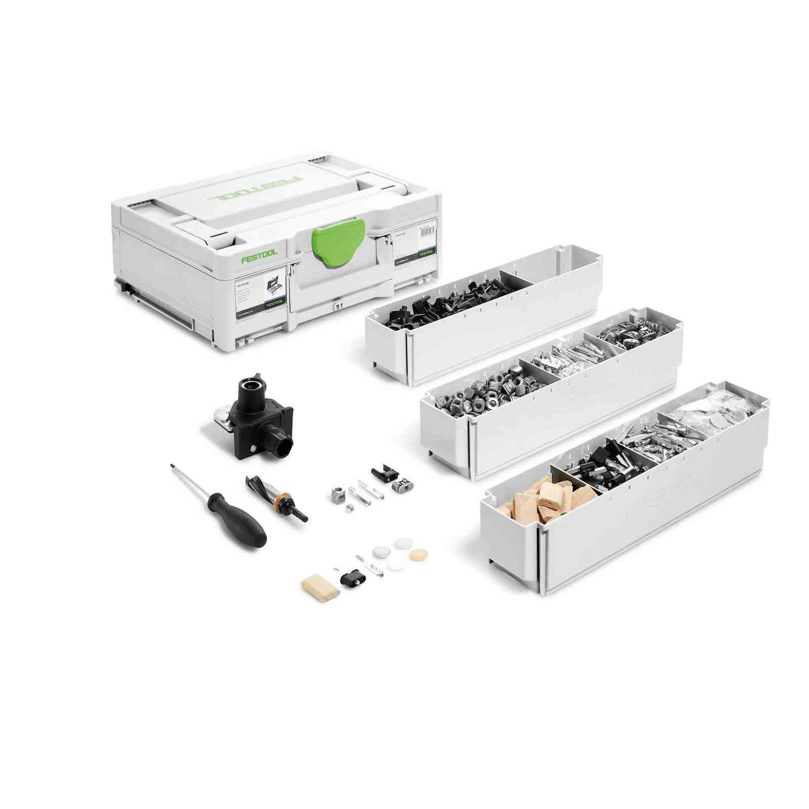 Organized kit of joinery connectors and hardware with screwdriver in modular case for woodworking tool accessories collections