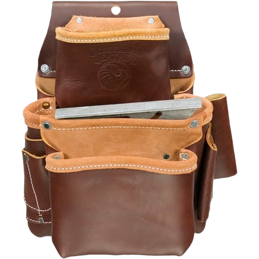Leather 3-pouch tool bag with multiple compartments for fasteners and carpentry tools in workshop organization and home improvement.
