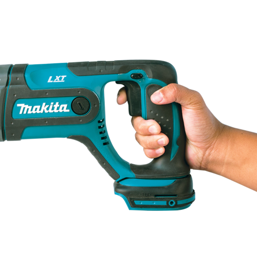 Hand gripping teal and black cordless rotary hammer drill designed for tools and home improvement tasks