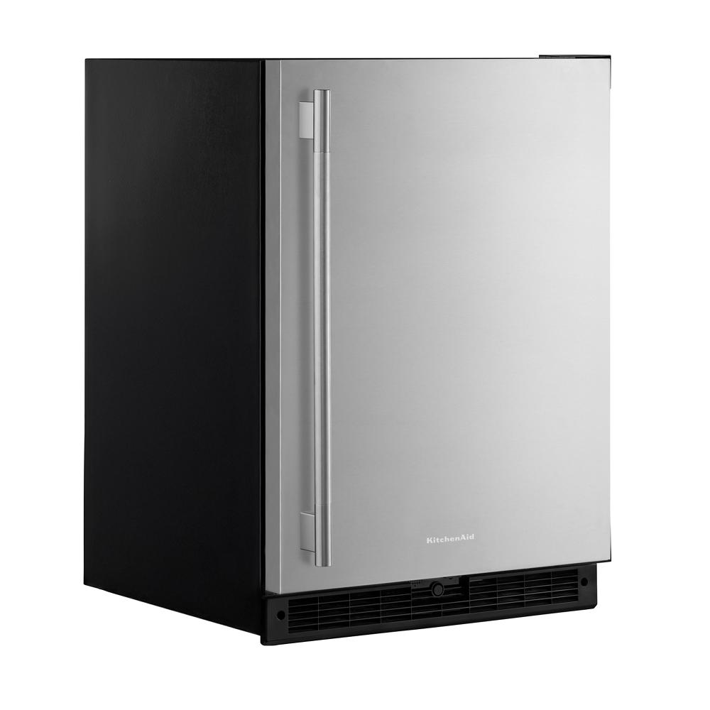 Compact undercounter refrigerator with stainless steel door and black vent grille from KitchenAid Appliances collection