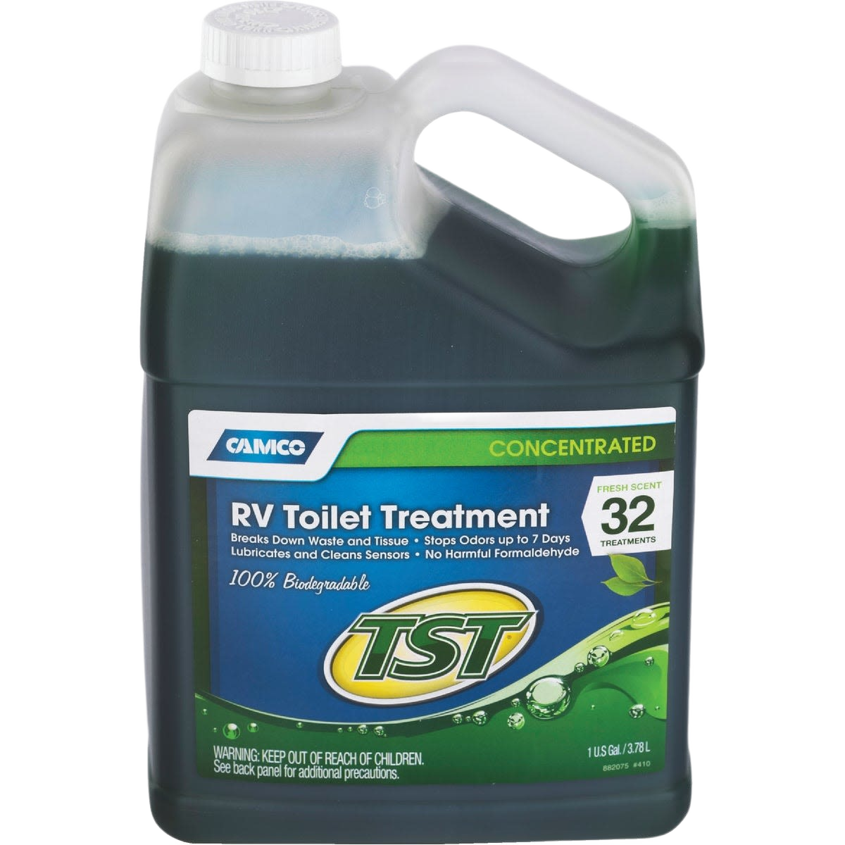 Green concentrated RV tank liquid treatment in a plastic jug for odor control and waste breakdown in tools and home improvement tasks