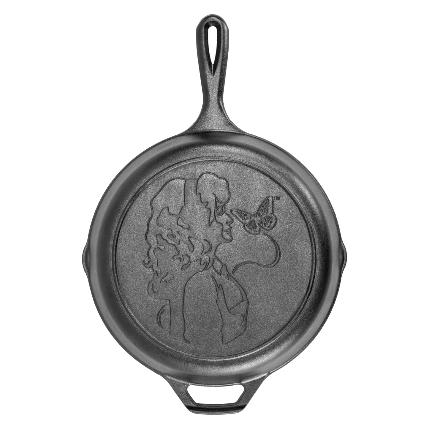 Cast iron skillet featuring an embossed design of a woman and butterfly in Lodge Cast Iron collection under $100.